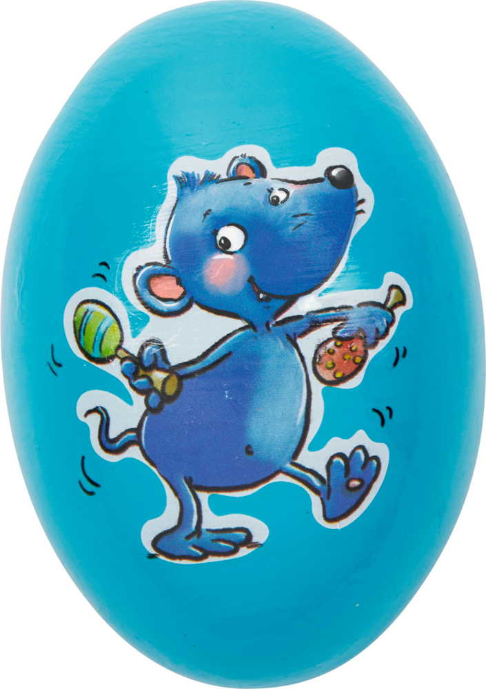 Blaues Ei mit einer blauen Cartoon-Maus, die Maracas schüttelt und fröhlich tanzt.
