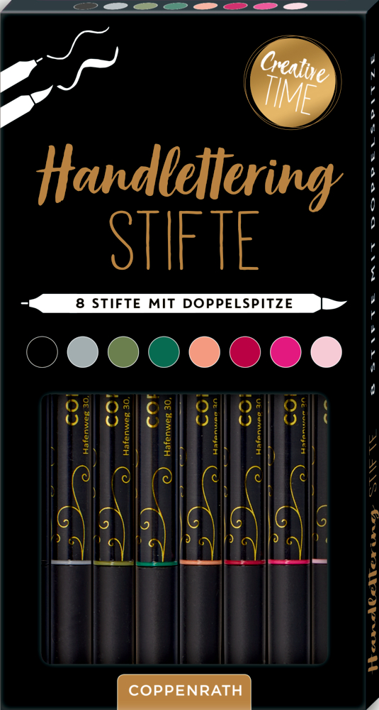 Schwarze Verpackung mit 8 Handlettering-Stiften mit Doppelspitze in verschiedenen Farben, beschriftet mit „Handlettering Stifte“.