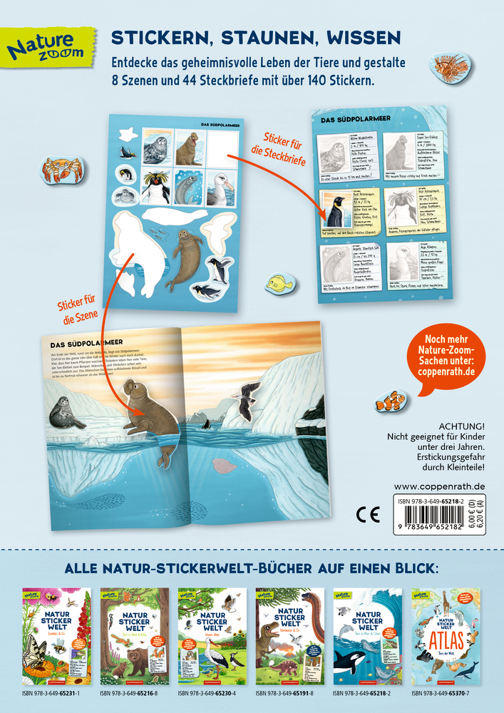 Buchrückseite: Stickerbuch „Natur-Stickerwelt“ mit Tierszenen, Steckbriefseiten, Stickern und weiteren Buchcovern unten abgebildet.