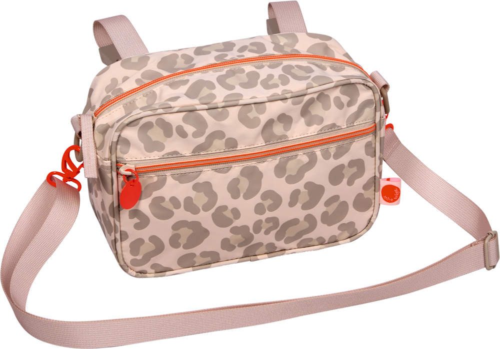 Beige Umhängetasche mit grauem Leopardenmuster, orangefarbenen Reißverschlüssen und verstellbarem rosa Trageriemen.