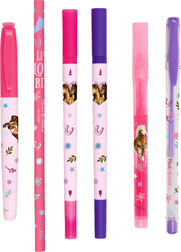 Sechs Stifte in Pink, Weiß und Lila mit Pferdemotiven, Blumen und Hufeisen, aufrecht in einer Reihe stehend.