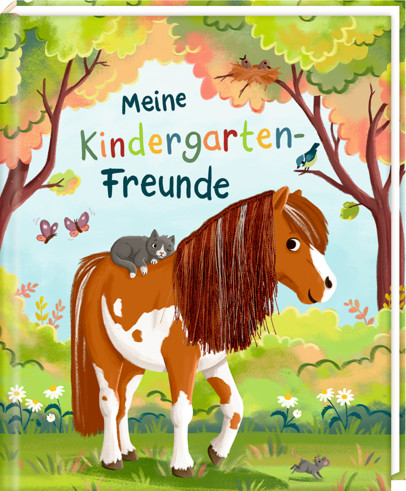 Illustriertes Pony, das eine Katze trägt, umgeben von Vögeln und Schmetterlingen. Text: „Meine Kindergarten-Freunde.“.