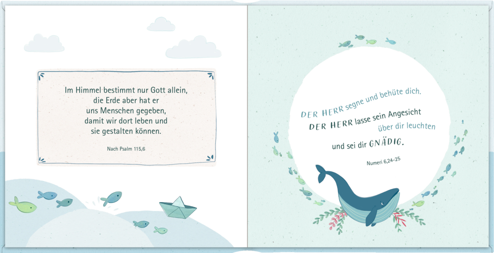 Kinderbuchillustration mit Fisch, Wal und  Bibelsprüche auf blau-weißem Hintergrund.