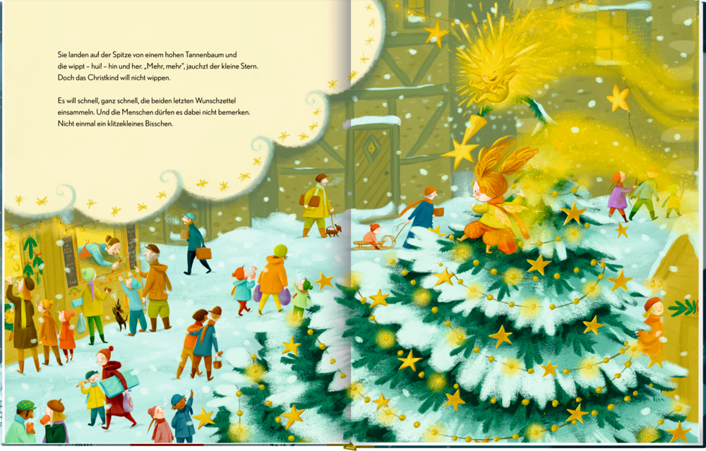 Kinder versammeln sich um einen geschmückten Weihnachtsbaum mit einer Fee an der Spitze, während ringsum sanft Schnee fällt, eine Innenansicht mit deutschem Text.