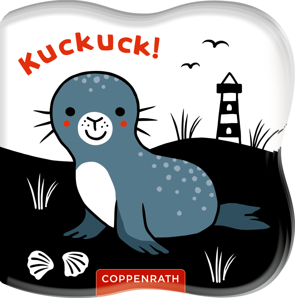 Badebuch-Cover mit lächelnder Robbe, Muscheln und Leuchtturm; oben „Kuckuck!“.