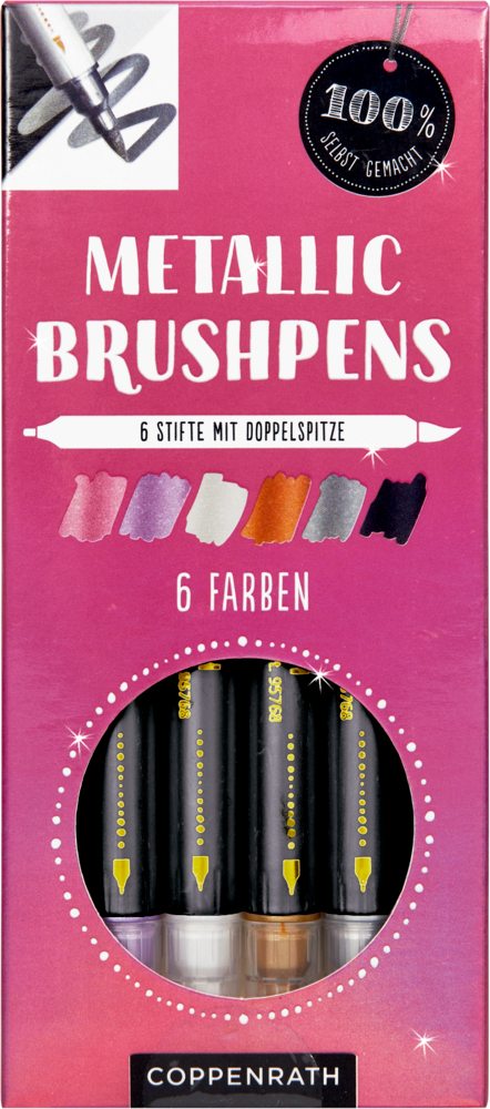 Set mit 6 Metallic-Doppelspitzmarkern, Farbmuster sind auf der Vorderseite abgebildet.