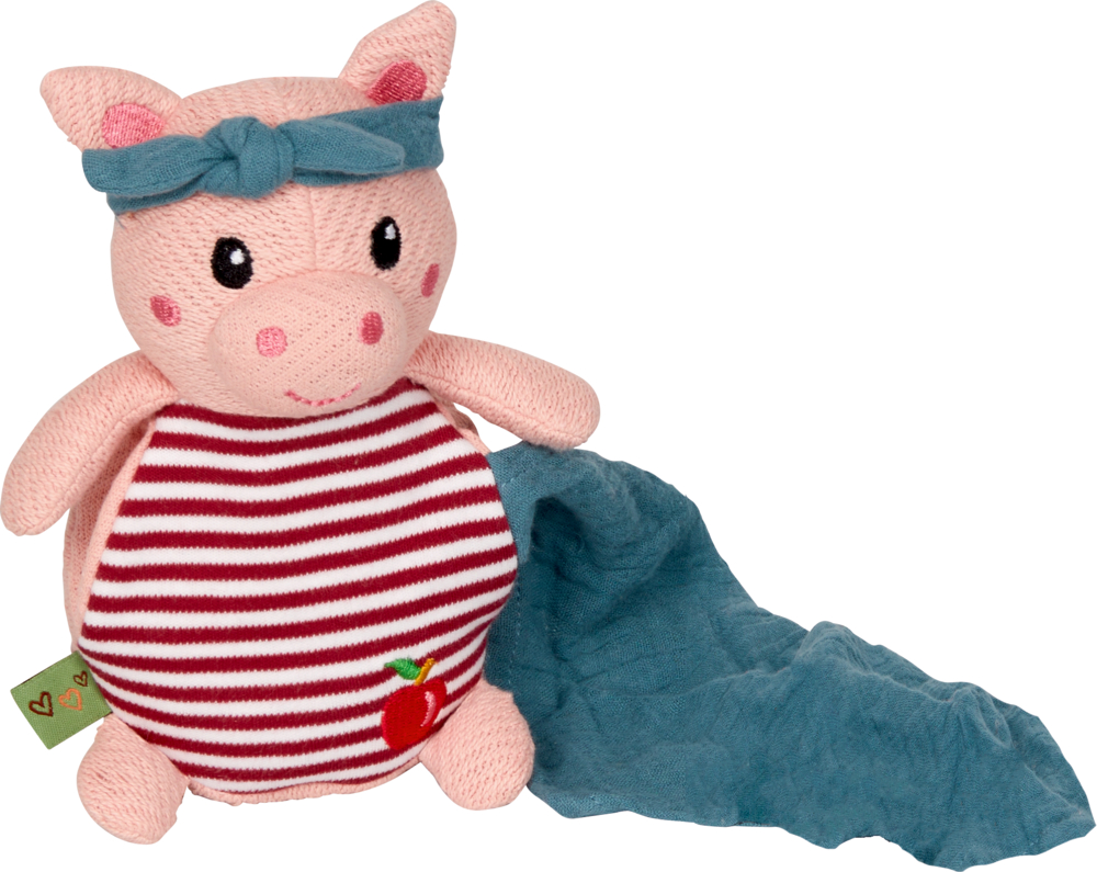 Stoffschwein mit blauem Stirnband, rot gestreiftem Hemd und angenähtem blauen tuch.