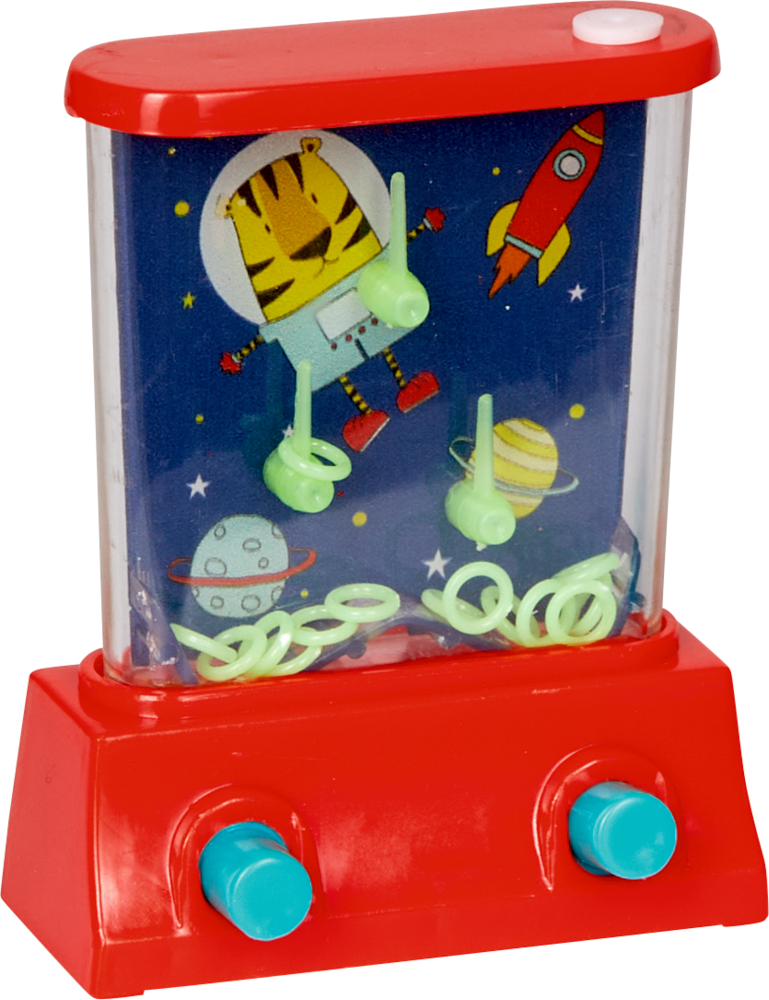 Rotes tragbares Wasserringwurfspiel mit Weltraumthema: Tiger im Raumanzug und Planeten im Hintergrund.