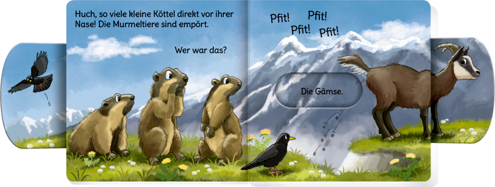 Drei Murmeltiere und zwei Vögel vor Bergkulisse mit herausgezogenem Schieber.