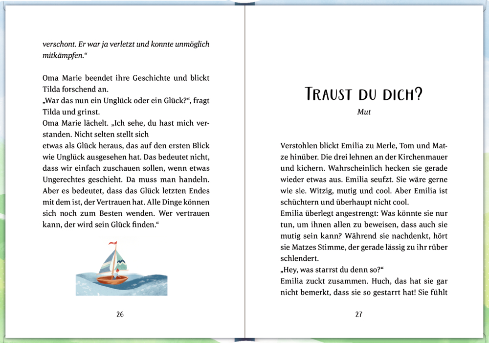 Aufgeschlagenes  Kinderbuch mit Text und kleiner Illustration eines Segelbootes auf dem Wasser.