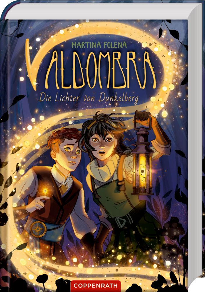 Zwei Kinder mit einer Laterne stehen in einem leuchtenden, magischen Wald auf dem Cover von "Valdombra - Die Lichter von Dunkelberg" von Martina Folena.