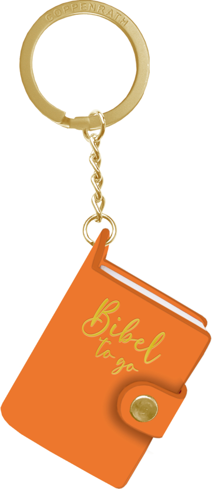 Goldener Schlüsselanhänger mit orangefarbenem, buchförmigem Bibel to go-Anhänger in Gelb.