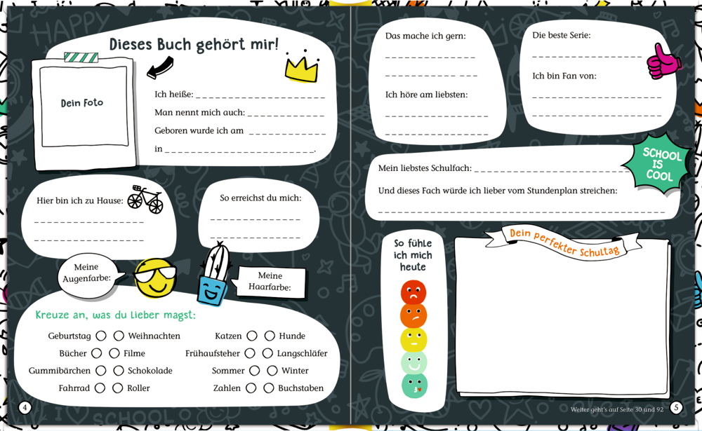 Bunte, lustige Erinnerungsbuchseite mit Platz für persönliche Informationen, Favoriten und einen Stimmungstracker.