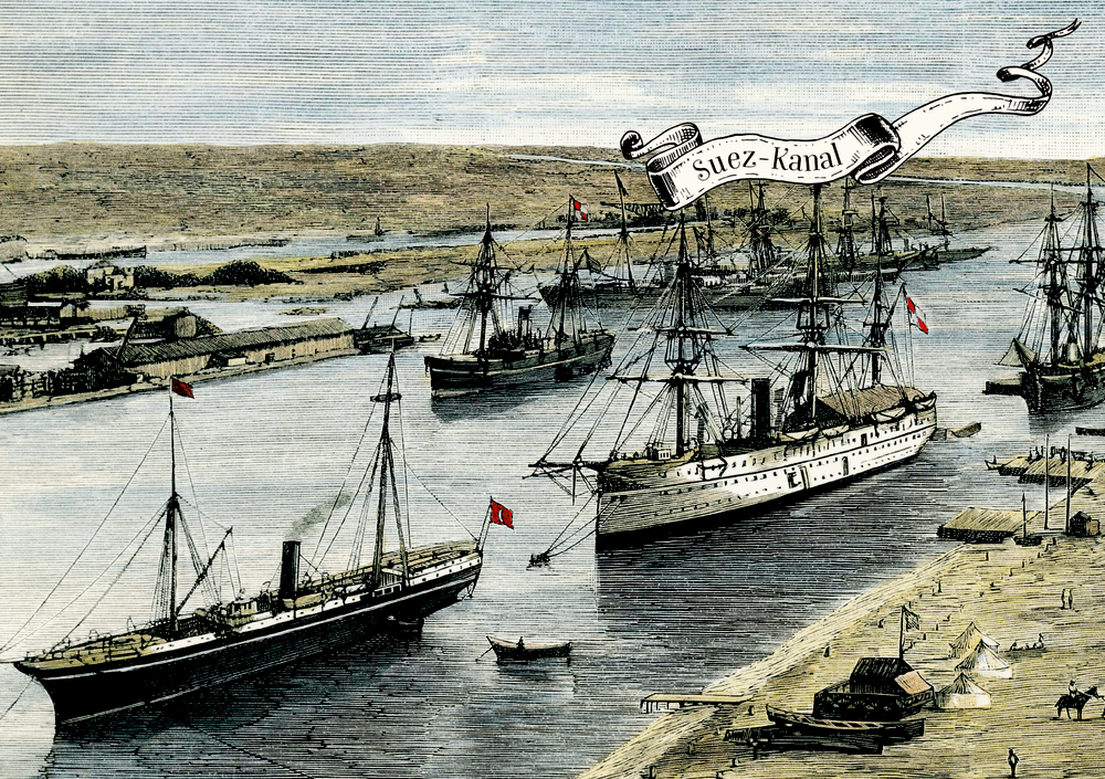 Illustration als Beilage von Schiffen im Suezkanal, mit einem Band darüber mit der Aufschrift „Suez-Kanal“.