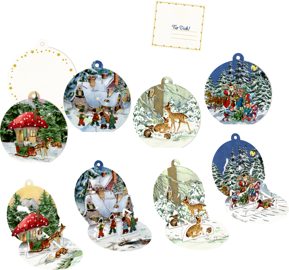 Weihnachts-Popup-Geschenkanhänger mit festlichen Winter- und Waldszenen mit Tieren und Kindern.