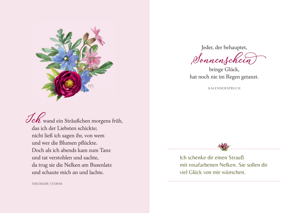Illustration eines kleinen Blumenstraußes mit roten, blauen und rosa Blüten, daneben gedruckte Gedichte und Sprüche in verschiedenen Schriftarten.