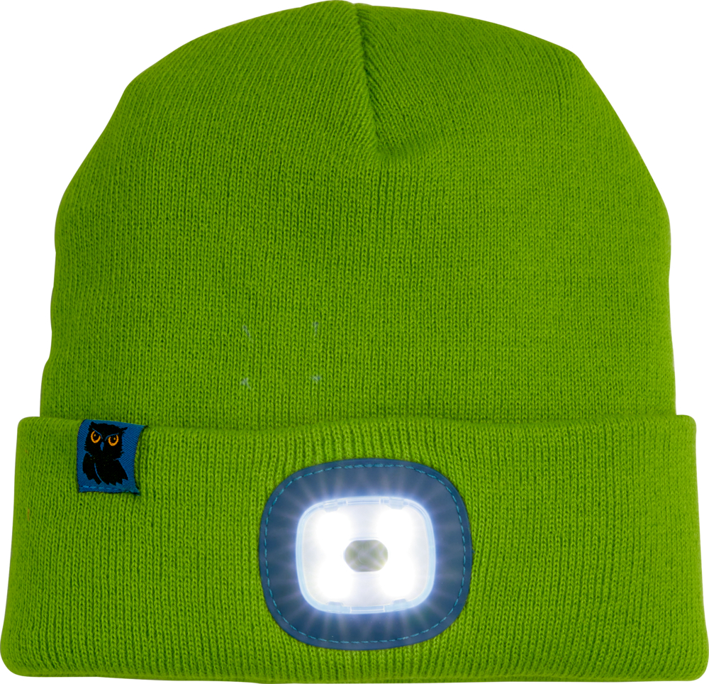 Hellgrüne Strickmütze mit Eulenaufnäher und integriertem LED-Licht auf der Vorderseite.