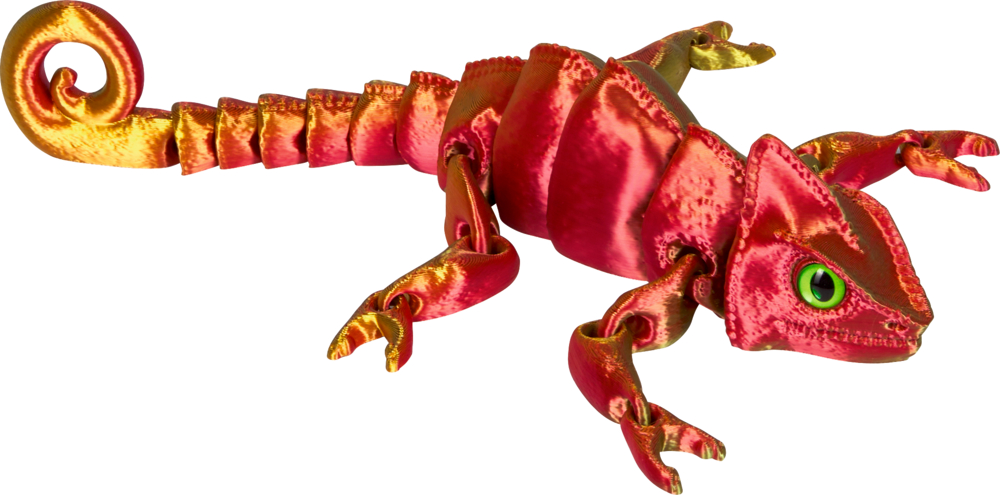 Rot-goldenes Chamäleon aus Kunstoff mit grünem Auge und eingerolltem Schwanz.