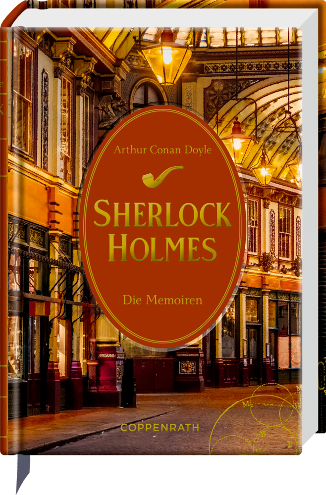 Sherlock Holmes: Die Memoiren – Buchcover mit einer beleuchteten viktorianischen Straßenszene mit verzierten Torbögen.