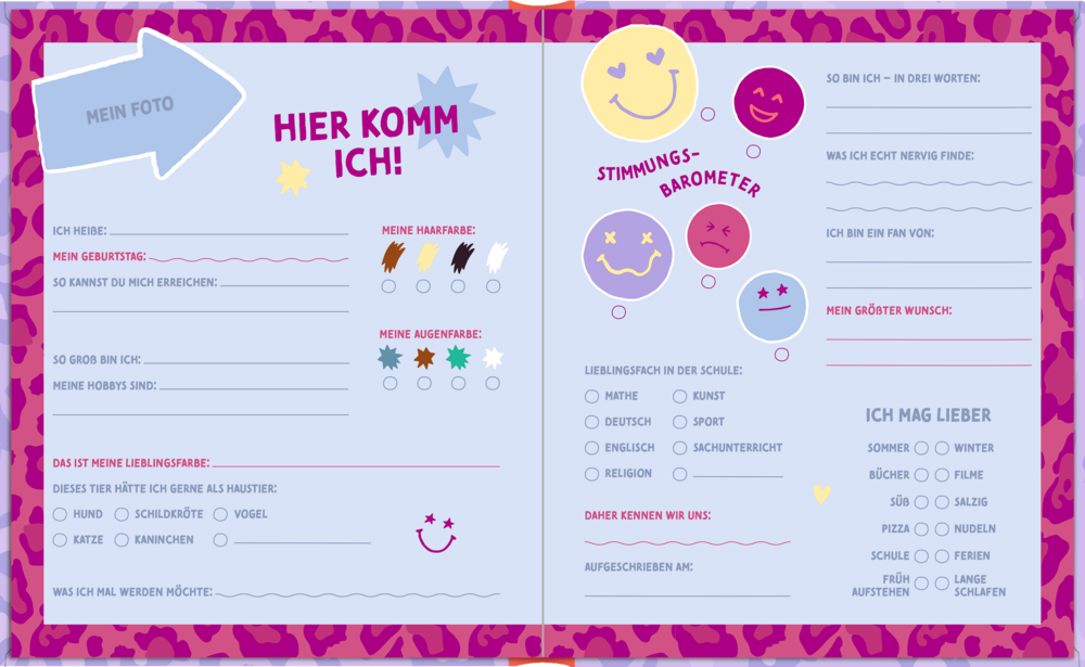 Aufgeschlagene Doppelseite eines Freundebuchs mit Formularfeldern, bunten Symbolen und farbigen Stimmungs-Icons auf lila Hintergrund.
