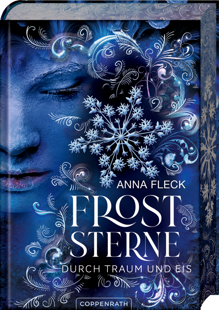 Blauer Buchcover mit einer Schneeflocke und dem Titel „Froststerne“ von Anna Fleck.