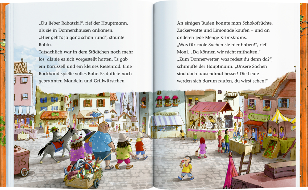 Illustrierte Buchdoppelseite mit Marktszene, Menschen schlendern zwischen Buden, im Hintergrund Karussell und Riesenrad.