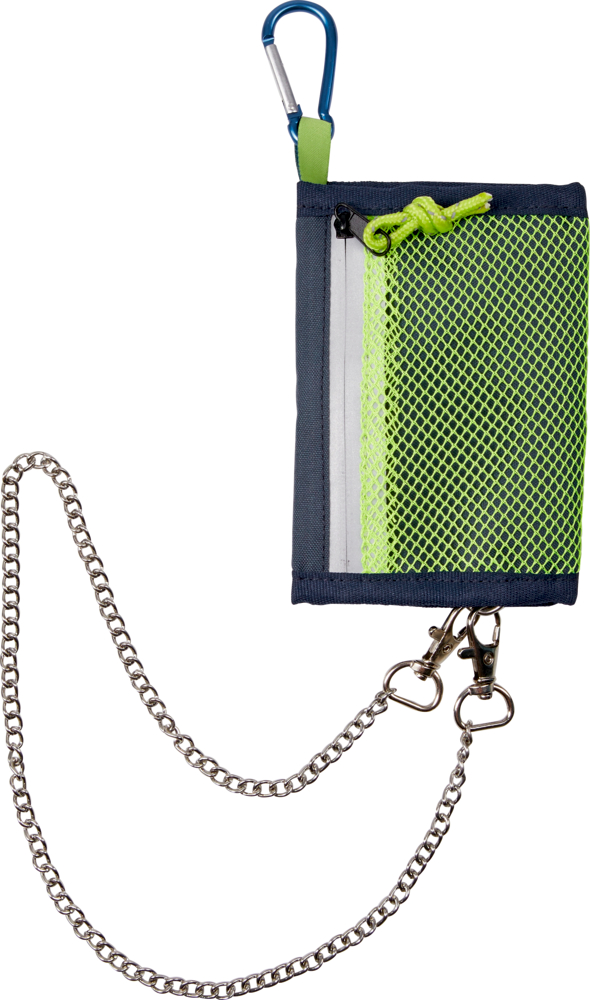 Marineblaue Geldbörse mit neongrüner Netztasche, silberner Kette und blauem Karabinerhaken.