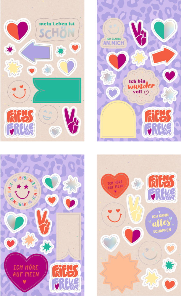 Vier Stickerbögen mit bunten Herz-, Stern-, Pfeil- und Smiley-Motiven sowie Sprüchen auf beige- und lilafarbenem Hintergrund.
