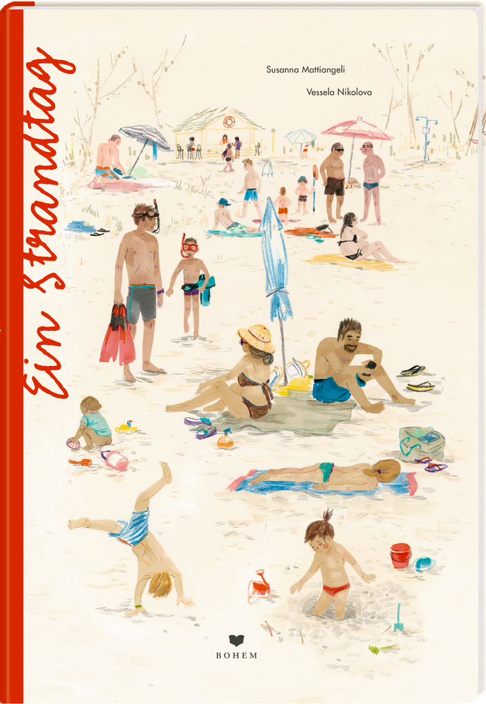 Strandszene mit Erwachsenen und Kindern, die im Sand spielen und unter bunten Sonnenschirmen entspannen.