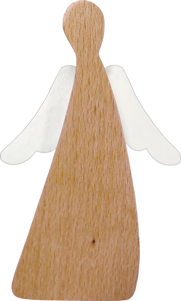 Minimalistische Holz-Engelsfigur mit schlichten weißen Flügeln, ohne Gesichtszüge und aufrecht stehend.
