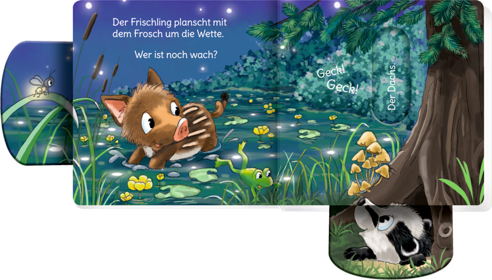 buchseite mit herausgezogenen Schiebern und der Illustration kleiner Tiere in einem nächtlichen Wald.