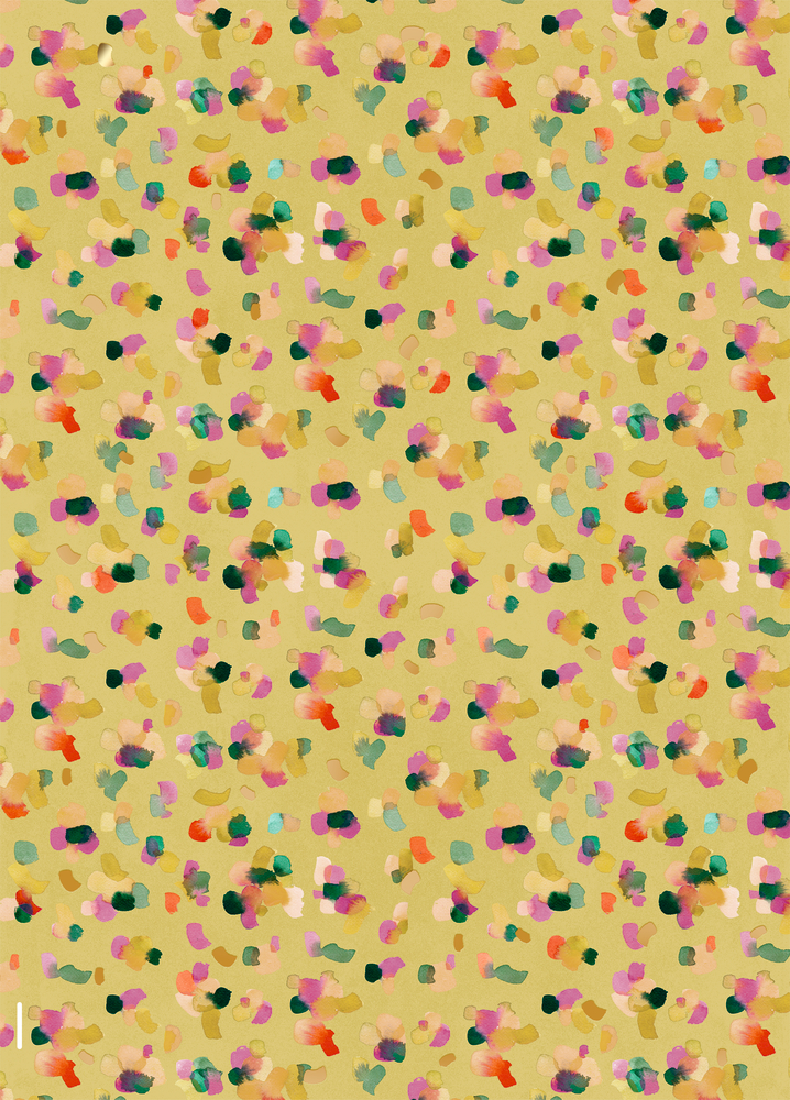 Gelber Hintergrund mit buntem Punkt- und Tupfenmuster in Rosa, Grün, Orange und Violett.