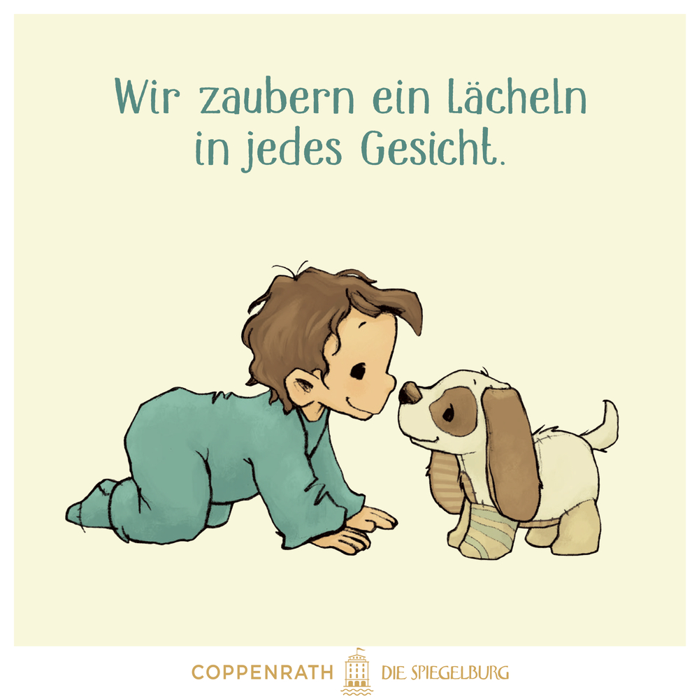 Ein lächelndes gezeichnetes Kind kniet im Schlafanzug vor einem Plüschhund.