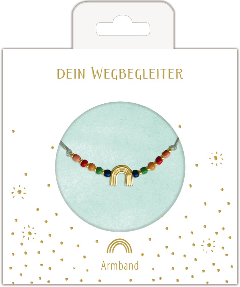 Perlenarmband mit goldenem Regenbogenanhänger auf einer Karte mit der Aufschrift „dein Wegbegleiter-Armband“.