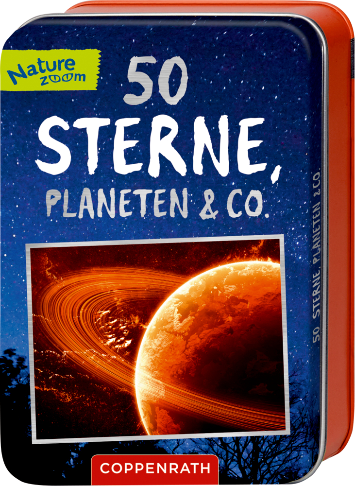 Blechdose mit der Aufschrift „50 Sterne, Planeten & Co“ und der Abbildung eines Ringplaneten im Weltraum.