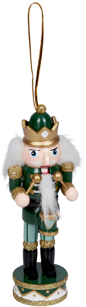 Holz-Nussknackerfigur auf rundem Sockel in grün-goldener Uniform mit weißem Bart und goldener Krone, an goldener Aufhängeschnur befestigt.