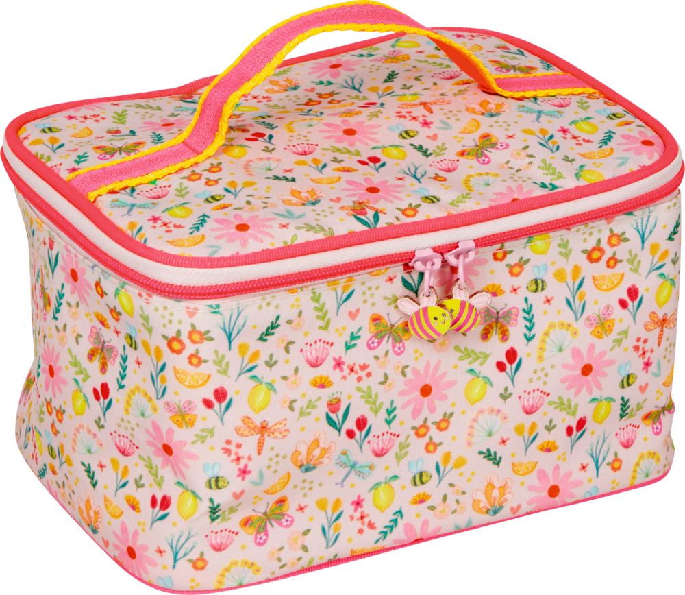Rechteckige Kosmetiktasche mit Blumenmuster, rosa Reißverschluss und gelb-rosa Griff.
