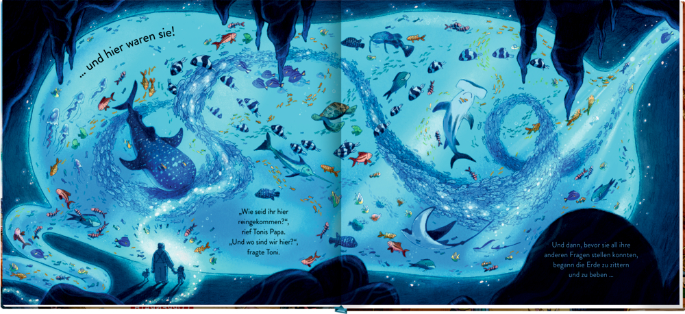 Illustrierte Unterwasserlandschaft mit vielen bunten Fischen, Quallen, Schildkröten, einem Walhai und zwei Personen am Höhleneingang.