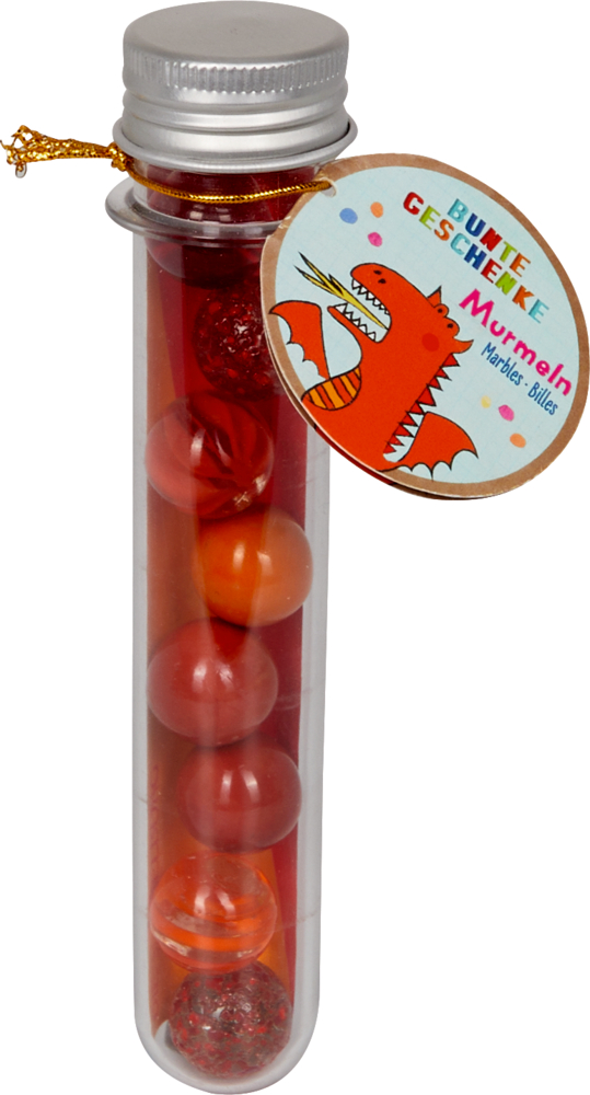 Durchsichtige Röhre mit rot-orangen Murmeln, silberner Kappe und einem Etikett mit der Abbildung eines roten Drachen.