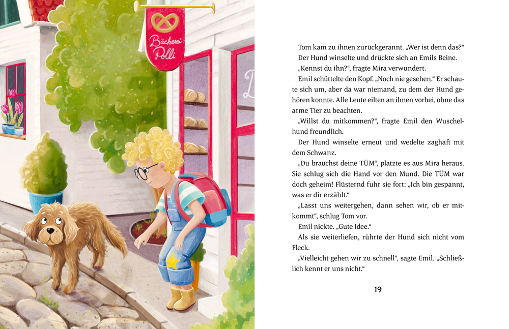 Auf einer Innenansicht mit Text auf der rechten Seite, ist links ein lockiges Kind mit Brille und ein brauner Hund die vor einer Bäckerei mit einem rosa Schild, umgeben von Grün stehen.