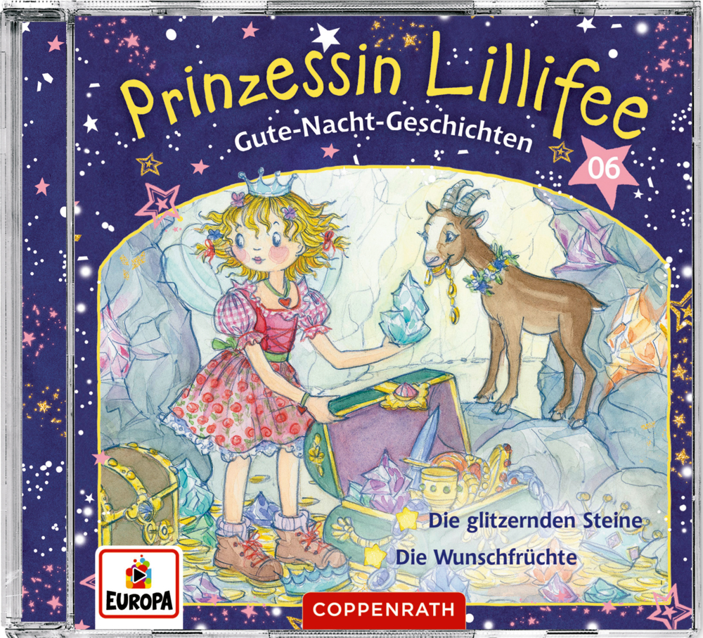 CD-Cover: Prinzessin Lillifee und eine Ziege bewundern funkelnde Edelsteine in einer magischen Höhle, umgeben von Sternen.