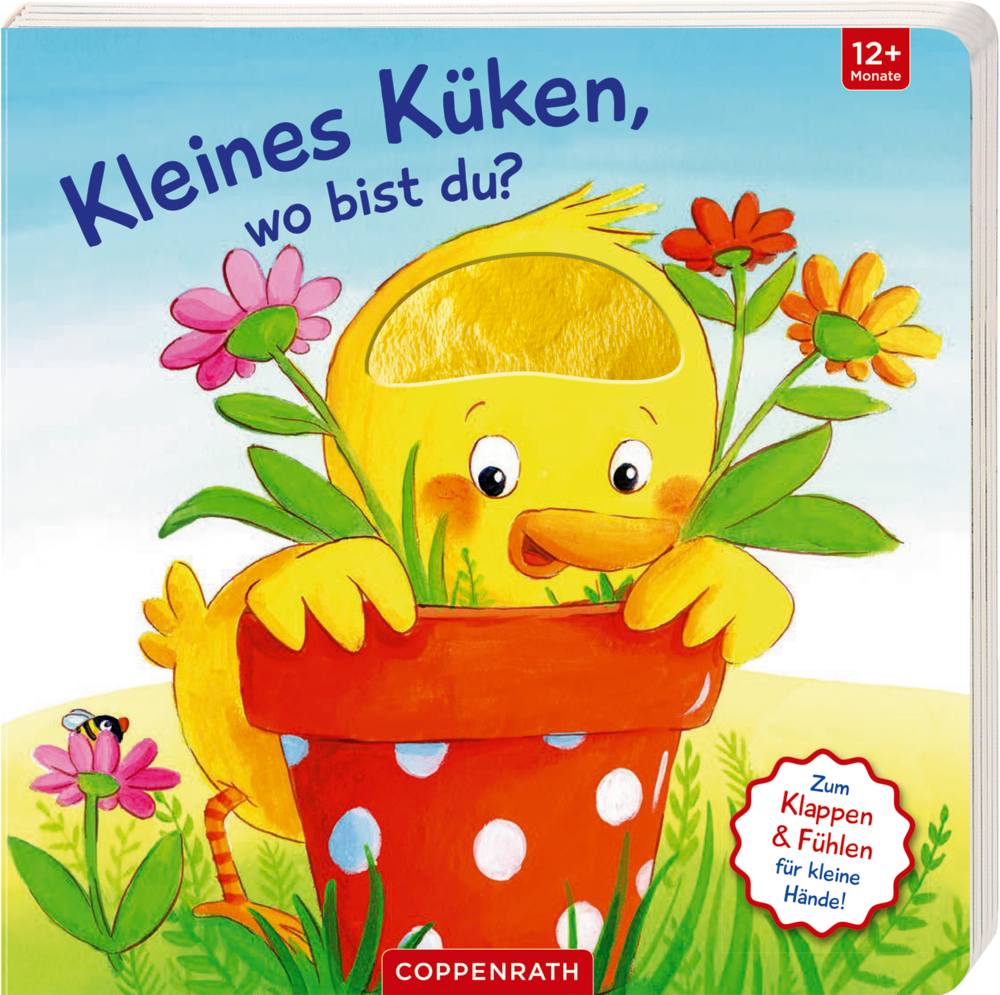 Auf dem Cover eines Kinderbuchs lugt ein gelbes Küken hinter einem Blumentopf voller bunter Blumen hervor.