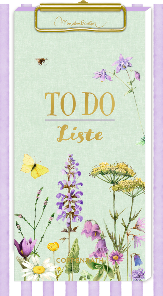 Cover der To-Do-Liste: pastellfarbener Hintergrund, goldener Text „TO DO Liste“, Blumen, Schmetterling und Biene.