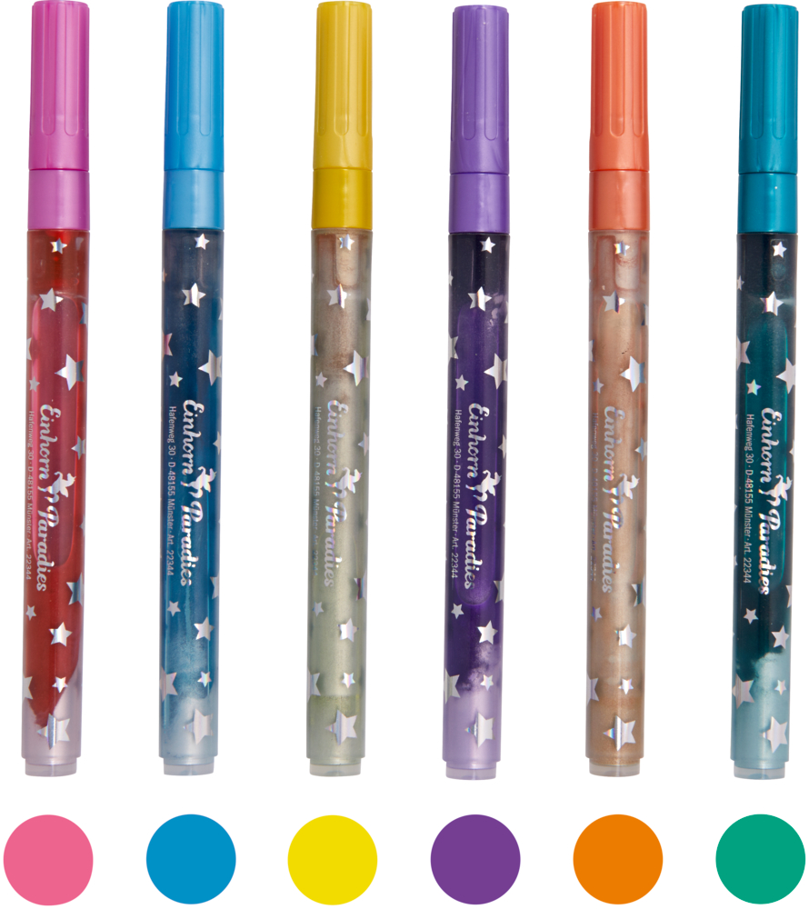 Sechs bunte Glitzerstifte mit farbigen Kappen (gelb, blau, grün, lila, orange, pink) und passenden Punkten.