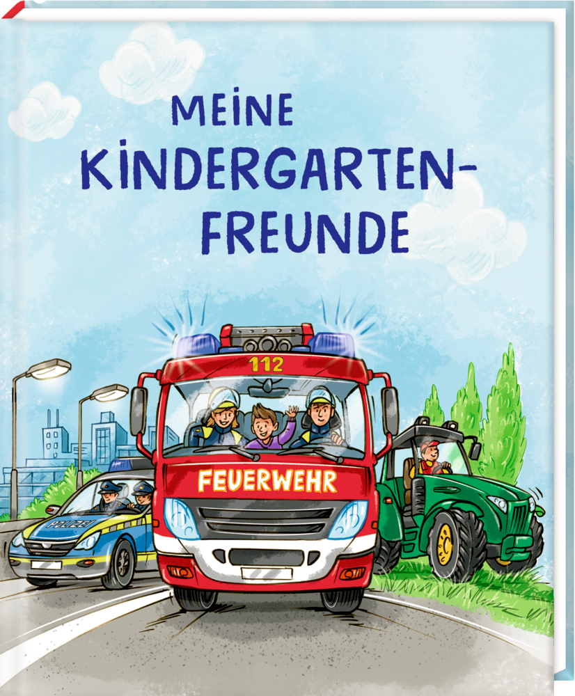 Ein Feuerwehrauto, ein Polizeiauto und ein grüner Traktor auf einer Straße mit dem Text „MEINE KINDERGARTEN-FREUNDE“ darüber.
