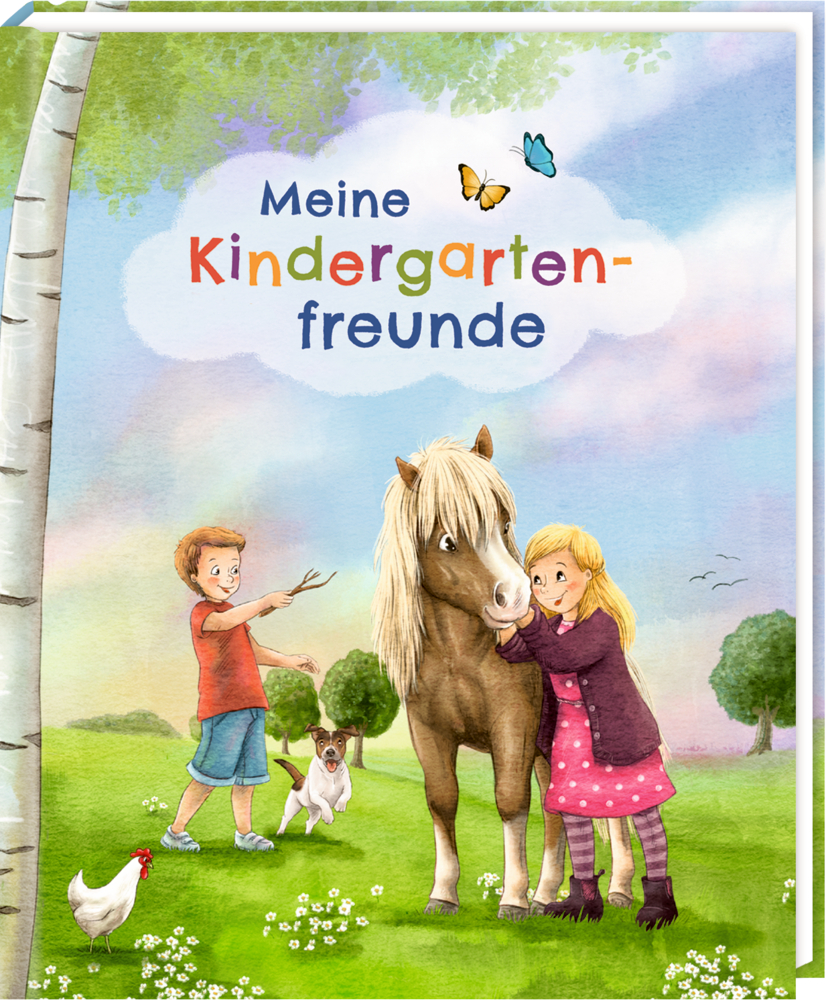 Junge und Mädchen mit Pony, Hund und Huhn unter einem Baum. Text: Meine Kindergartenfreunde.