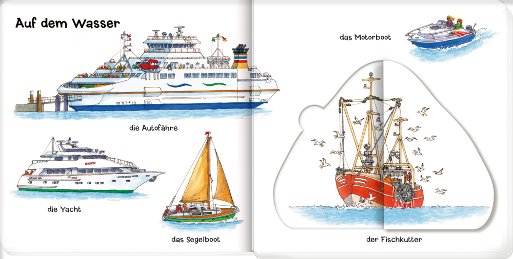 Illustration verschiedener Boote auf dem Wasser: Autofähre, Yacht, Segelboot, Motorboot und ein roter Fischkutter mit Möwen.