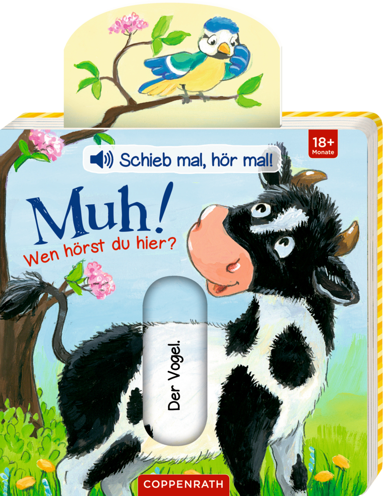 Kuh blickt zu blauem Vogel im Baum,  Text und Soundregler auf farbigem Kinderbuch-Cover von "Muh! Wen hörst du hier?".