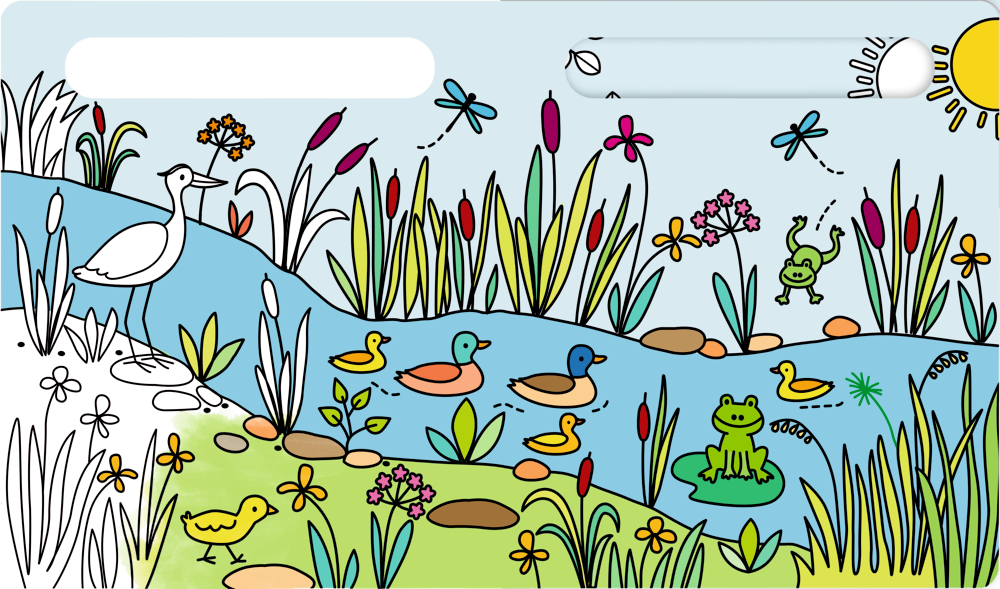 Im Teich sind bunte Enten, Frösche, Blumen, hohes Gras, Libellen und ein weißer Vogel am Wasser zu sehen.