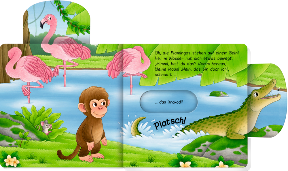 Cartoon-Affe an einem Fluss, Flamingos auf der einen Seite, lächelndes Krokodil mit Text auf der anderen.